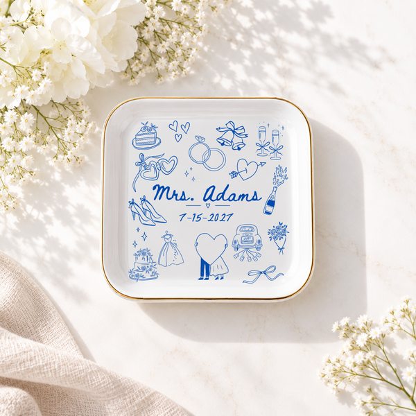 Bride Ring Dish, Personalized Engagement Ring Dish Gift, Custom Wedding Ring Box, Bridal Trinket Dish with Name & Date