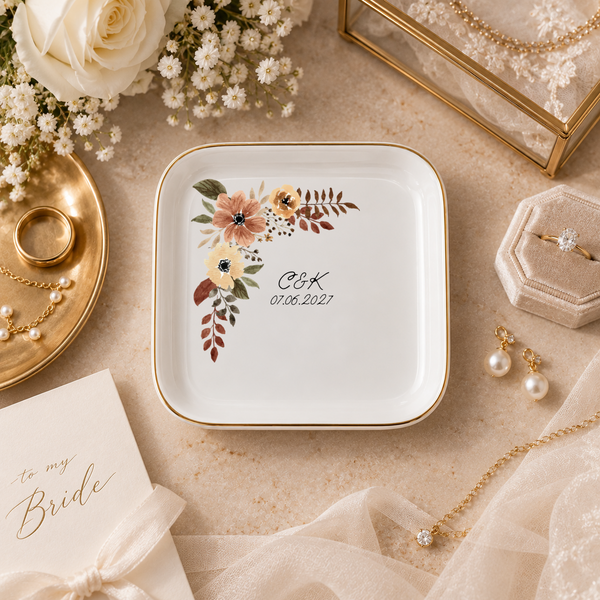 Bride Ring Dish, Personalized Engagement Ring Dish Gift, Custom Wedding Ring Box, Bridal Trinket Dish with Name & Date